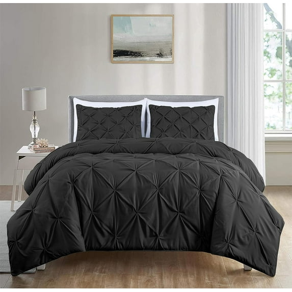 Chezmoi Collection Berlin Black Pinch Pleat Full Comforter Set, 3-Piece, Soft Pintuck, Lightweight All Season Microfiber Bedding