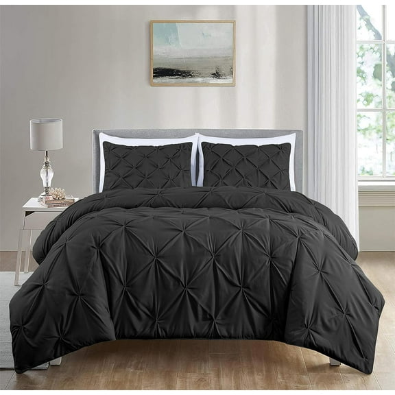 Chezmoi Collection Berlin Black Pinch Pleat Full Comforter Set, 3-Piece, Soft Pintuck, Lightweight All Season Microfiber Bedding