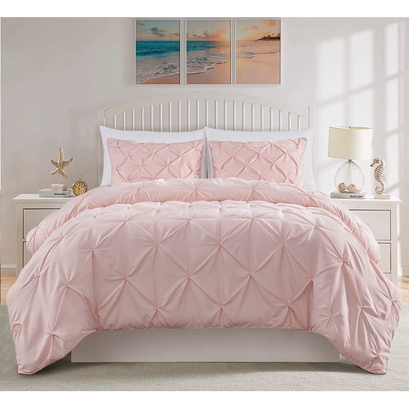 Chezmoi Collection Berlin Blush Pinch Pleat Full Comforter Set, 3-Piece, Soft Pintuck, Lightweight All Season Microfiber Bedding