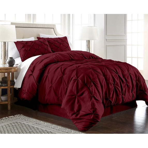 Chezmoi Collection Berlin Burgundy Pinch Pleat King Comforter Set, 3-Piece, Soft Pintuck, Lightweight All Season Microfiber Bedding