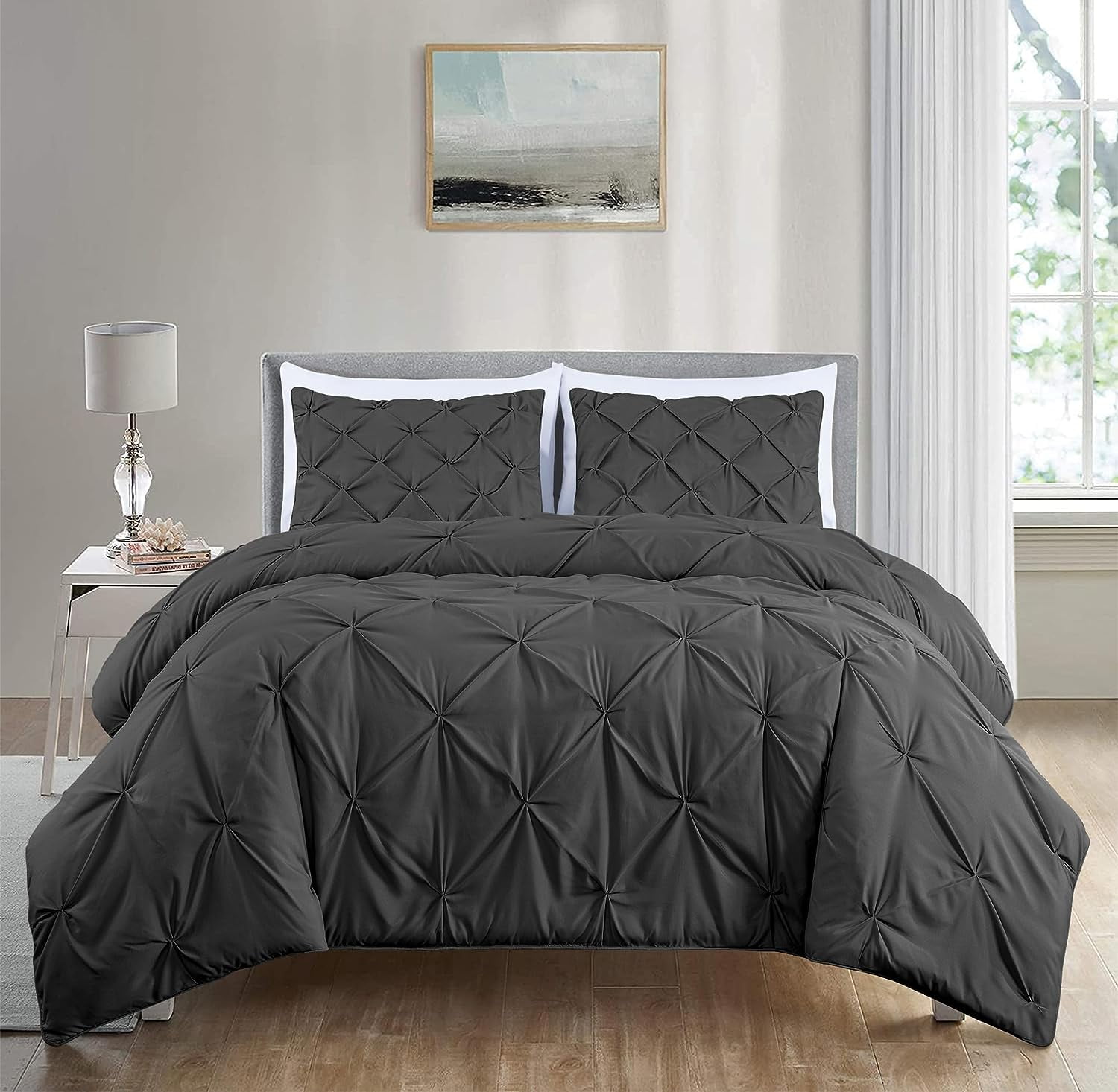 Chezmoi Collection Berlin Dark Gray Pinch Pleat King Comforter Set, 3 ...