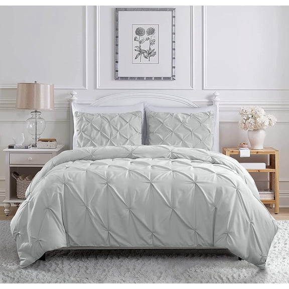 Chezmoi Collection Berlin Light Gray Pinch Pleat Queen Comforter Set, 3-Piece, Soft Pintuck, Lightweight All Season Microfiber Bedding