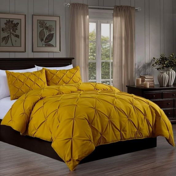 Chezmoi Collection Berlin Mustard Yellow Pinch Pleat Full Comforter Set, 3-Piece, Soft Pintuck, Lightweight All Season Microfiber Bedding
