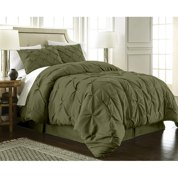 Chezmoi Collection Berlin Olive Green Pinch Pleat Full Comforter Set, 3-Piece, Soft Pintuck, Lightweight All Season Microfiber Bedding