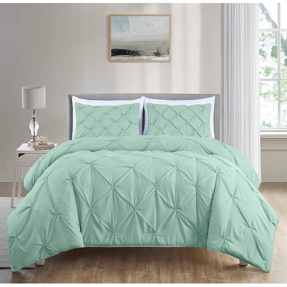 Chezmoi Collection Berlin Seafoam Green Pinch Pleat Full Comforter Set, 3-Piece, Soft Pintuck, Lightweight All Season Microfiber Bedding