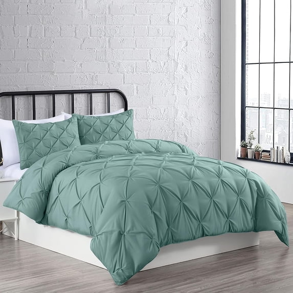 Chezmoi Collection Berlin Spa Blue Pinch Pleat Queen Comforter Set, 3-Piece, Soft Pintuck, Lightweight All Season Microfiber Bedding