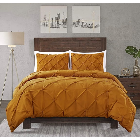 Chezmoi Collection Berlin Spice Orange Pinch Pleat Queen Comforter Set, 3-Piece, Soft Pintuck, Lightweight All Season Microfiber Bedding