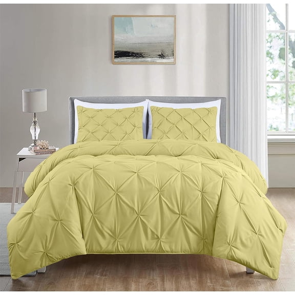 Chezmoi Collection Berlin Yellow Pinch Pleat Full Comforter Set, 3-Piece, Soft Pintuck, Lightweight All Season Microfiber Bedding