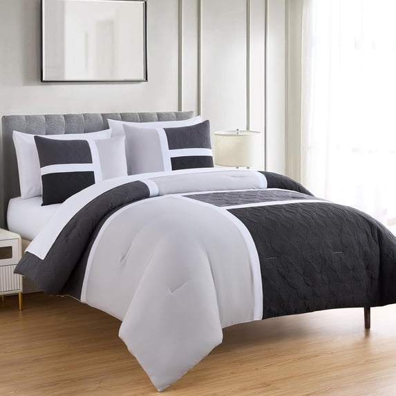 Chezmoi Collection Bernard 7-Piece Full Bed in a Bag Comforter Set with Sheets, Lightweight Comforter Black Gray Light Gray Patchwork Quilted Medallion Bedding Set for All Season