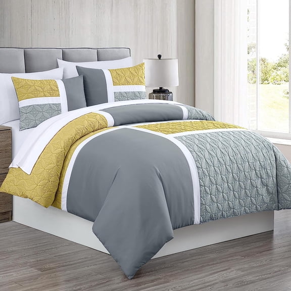 Chezmoi Collection Bernard 7-Piece Full Bed in a Bag Comforter Set with Sheets, Lightweight Comforter Yellow Charcoal Gray Patchwork Quilted Medallion Bedding Set for All Season
