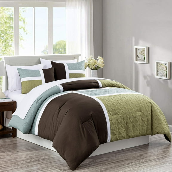 Chezmoi Collection Bernard 7-Piece King Bed in a Bag Comforter Set with Sheets, Lightweight Comforter Coffee Aqua Blue Sage Green Patchwork Quilted Medallion Bedding Set for All Season