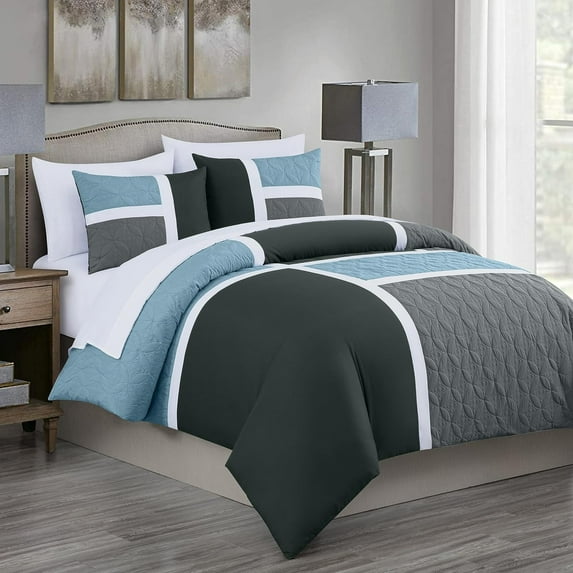 Chezmoi Collection Bernard 7-Piece King Bed in a Bag Comforter Set with Sheets, Lightweight Comforter Gray Light Blue Charcoal Patchwork Quilted Medallion Bedding Set for All Season