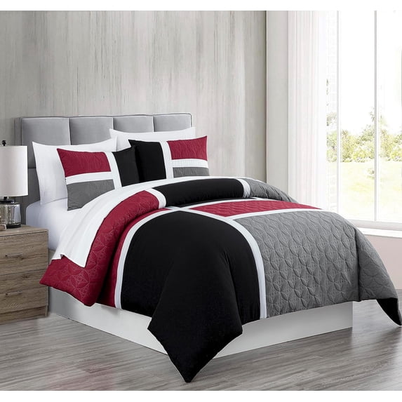 Chezmoi Collection Bernard 7-Piece King Bed in a Bag Comforter Set with Sheets, Lightweight Comforter Red Gray Black Patchwork Quilted Medallion Bedding Set for All Season