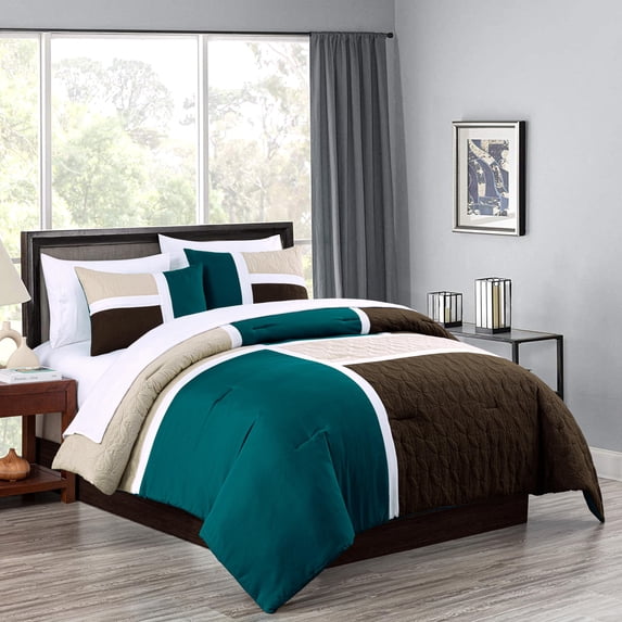 Chezmoi Collection Bernard 7-Piece King Bed in a Bag Comforter Set with Sheets, Lightweight Comforter Teal Beige Brown Patchwork Quilted Medallion Bedding Set for All Season