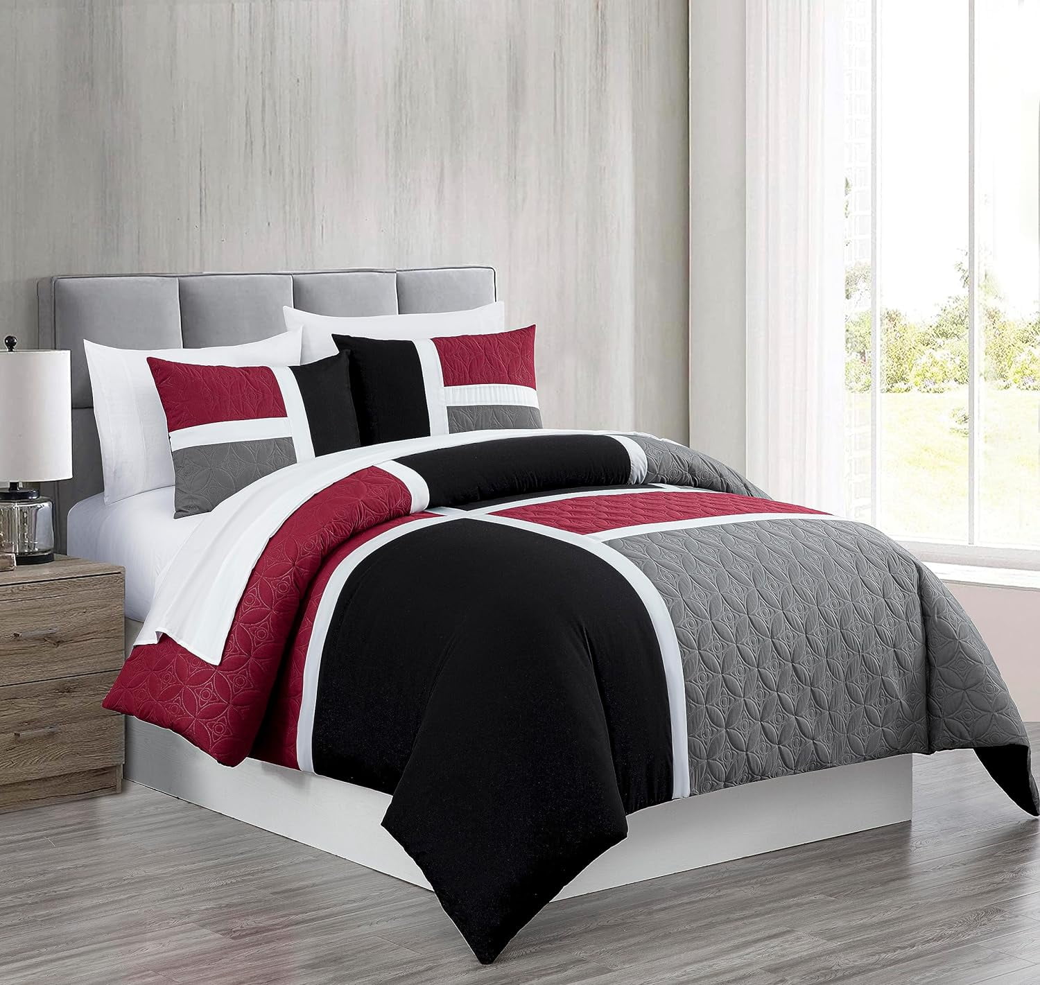 King Red Gray Black Microfiber Bed in a Bag Comforter Set