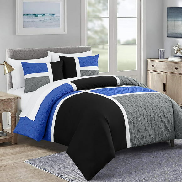 Chezmoi Collection Bernard 7-Piece Queen Bed in a Bag Comforter Set with Sheets - Lightweight Comforter Blue Black Gray Patchwork Quilted Medallion Bedding Set for All Season