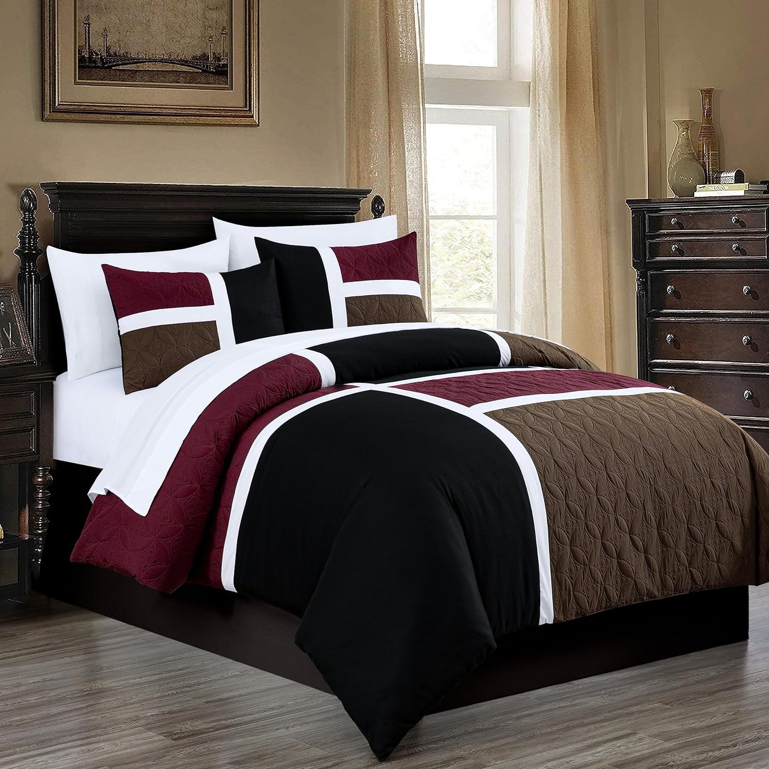 Queen Burgundy Black Brown Microfiber Bed in a Bag Set