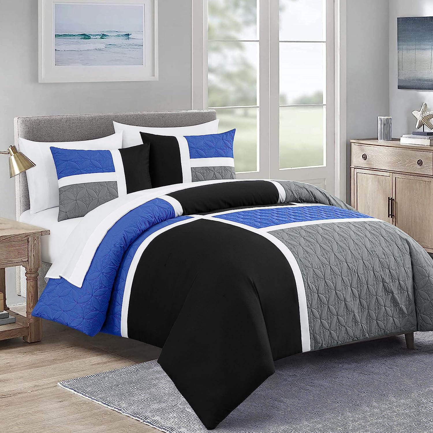 Chezmoi Collection Bernard 7-Piece Queen Comforter Set - Blue Black ...
