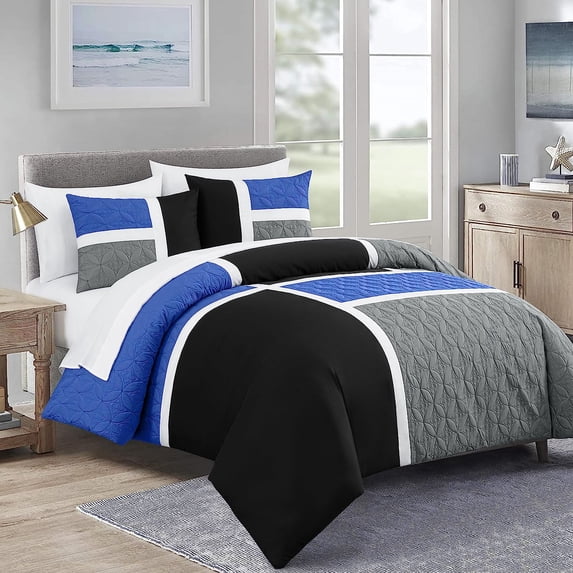 Chezmoi Collection Bernard 7-Piece Queen Bed in a Bag Comforter Set with Sheets, Lightweight Comforter Blue Black Gray Patchwork Quilted Medallion Bedding Set for All Season