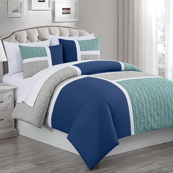 Chezmoi Collection Bernard 7-Piece Queen Bed in a Bag Comforter Set with Sheets, Lightweight Comforter Navy Blue Gray Patchwork Quilted Medallion Bedding Set for All Season