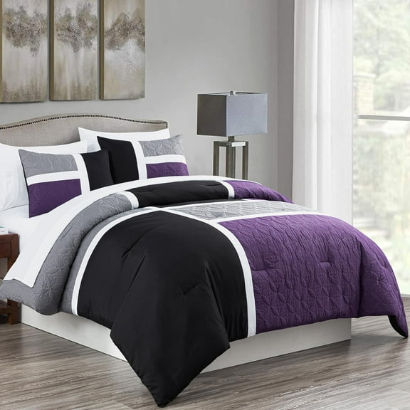 Chezmoi Collection Bernard 7-Piece Queen Bed in a Bag Comforter Set with Sheets, Lightweight Comforter Purple Black Gray Patchwork Quilted Medallion Bedding Set for All Season