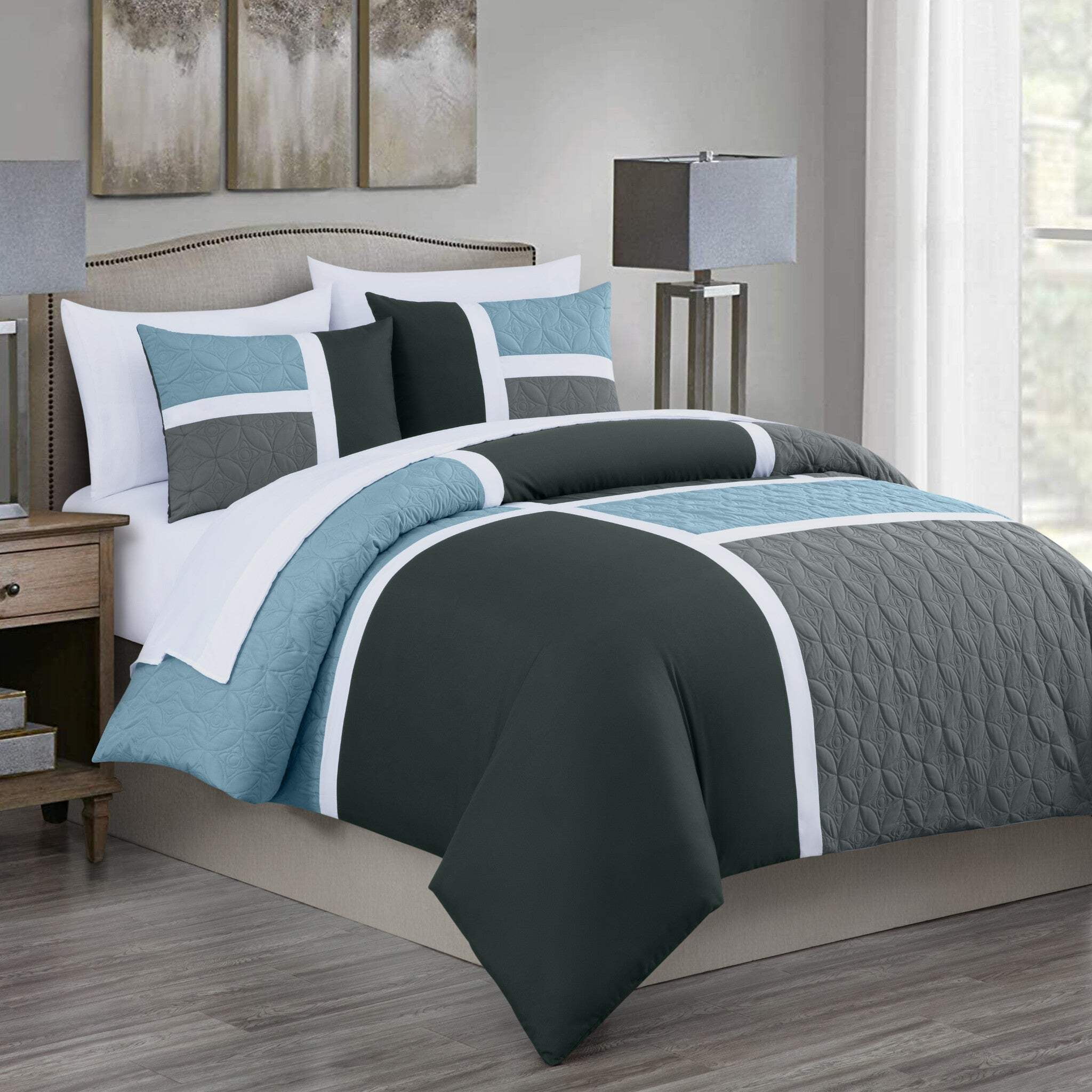 Gray and Light Blue Microfiber Queen Bed in a Bag Set