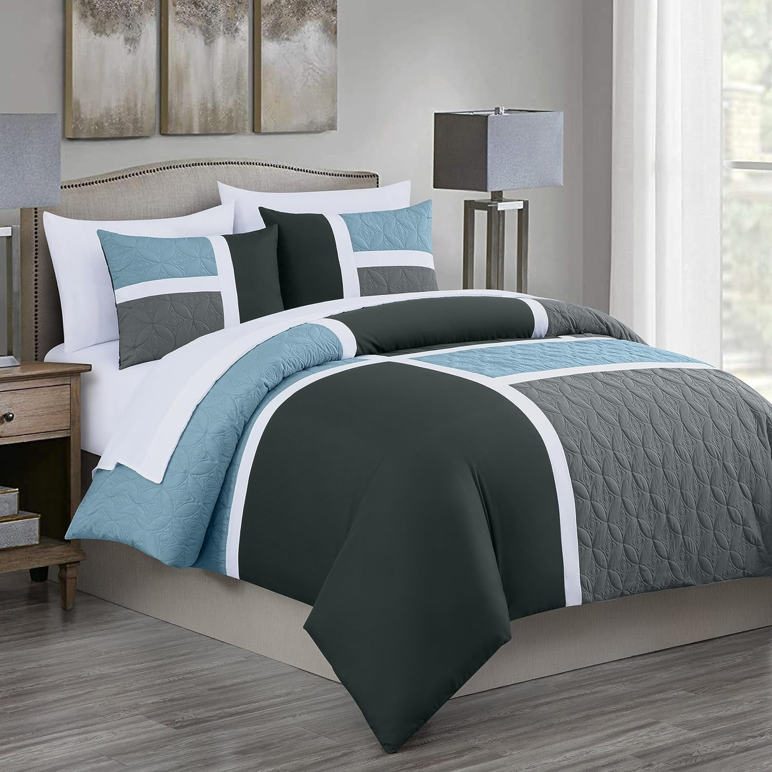 Gray and Light Blue Microfiber Queen Bed in a Bag Set