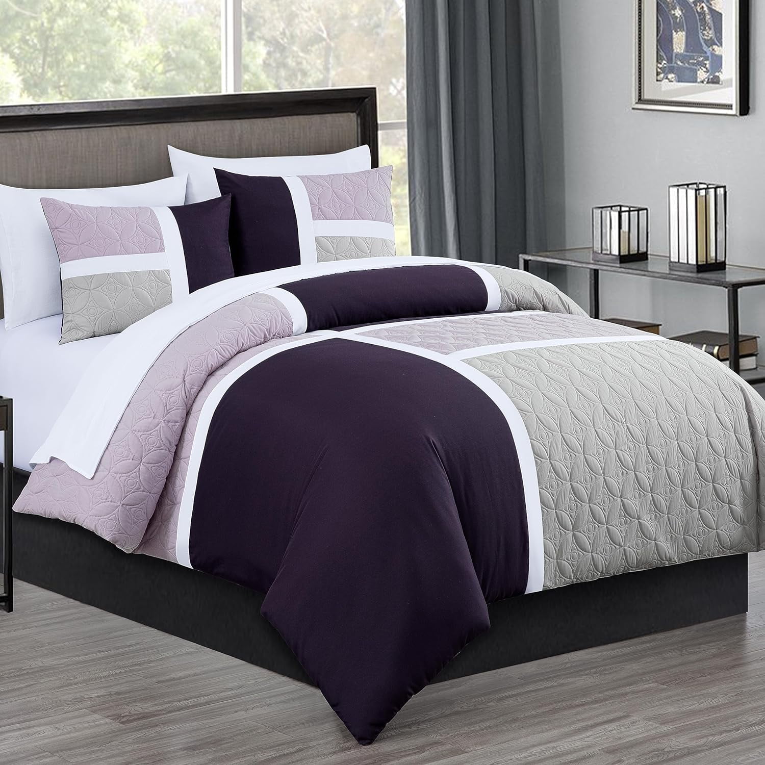 Lavender Purple Gray Microfiber Queen Bed in a Bag Set