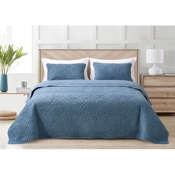 Chezmoi Collection Bethany 3-Piece Blue King Size Blanket Set Quilted Floral Sherpa Reversible Washed Microfiber Coverlet Bedspread Set