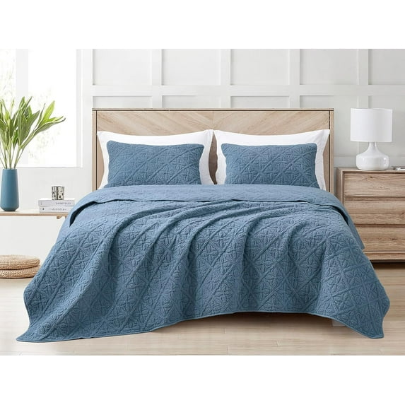 Chezmoi Collection Bethany 3-Piece King Sherpa Quilt Set - Floral Quilted Sherpa Blanket Reversible Washed Microfiber Lightweight Bedspread - King Size, Blue