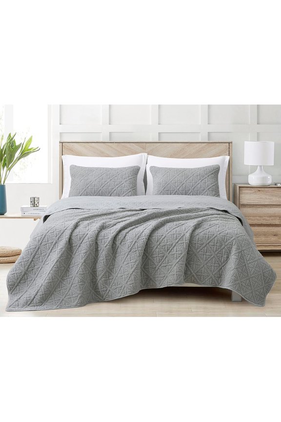 Chezmoi Collection Bethany 3-Piece Queen Sherpa Quilt Set - Floral Quilted Sherpa Blanket Reversible Washed Microfiber Lightweight Bedspread - Queen Size, Gray