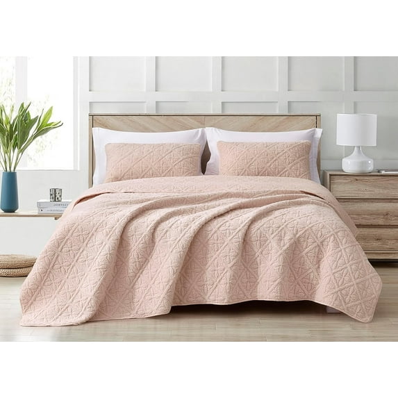 Chezmoi Collection Bethany 3-Piece Queen Sherpa Quilt Set - Floral Quilted Sherpa Blanket Reversible Washed Microfiber Lightweight Bedspread - Queen Size, Blush
