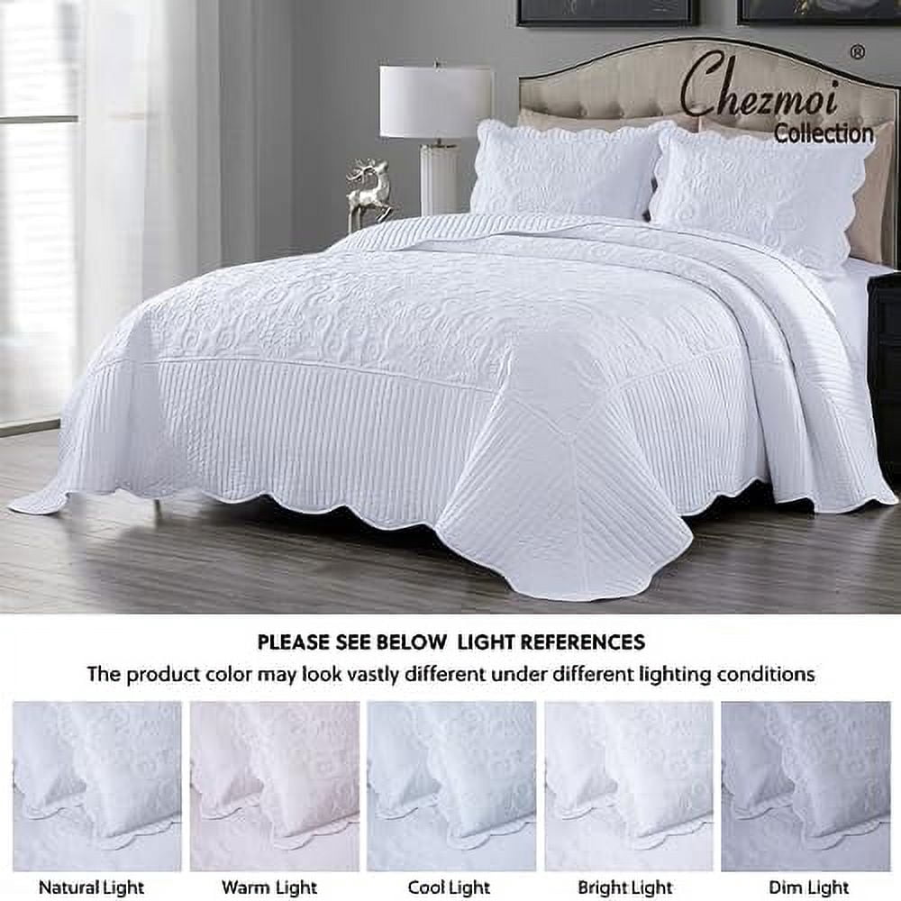 Chezmoi Collection Betsy 3-Piece Oversized Quilt Set - Paisley Medallion Stitched Lightweight Microfiber Bedspread Coverlet, King, White