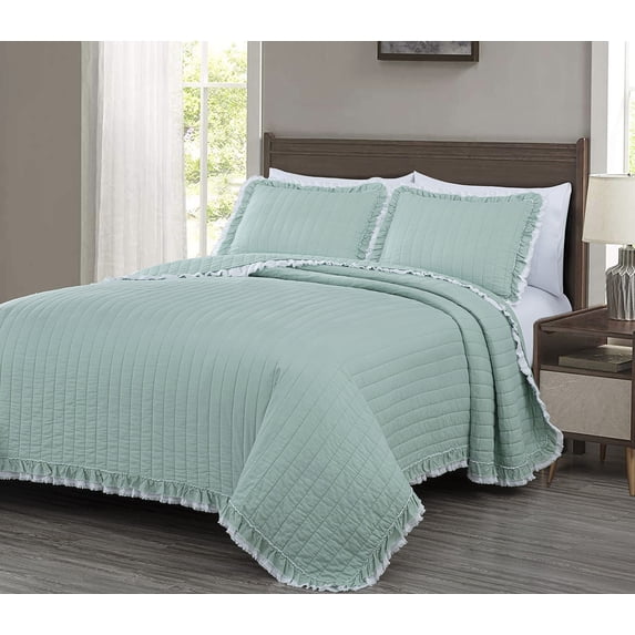 Chezmoi Collection Bonnie 3-Piece 100% Cotton Quilt Set King Size, Aqua - Double Frayed Ruffled Edge Lightweight Pre-Washed Soft-Finished Cotton Bedspread for All Season