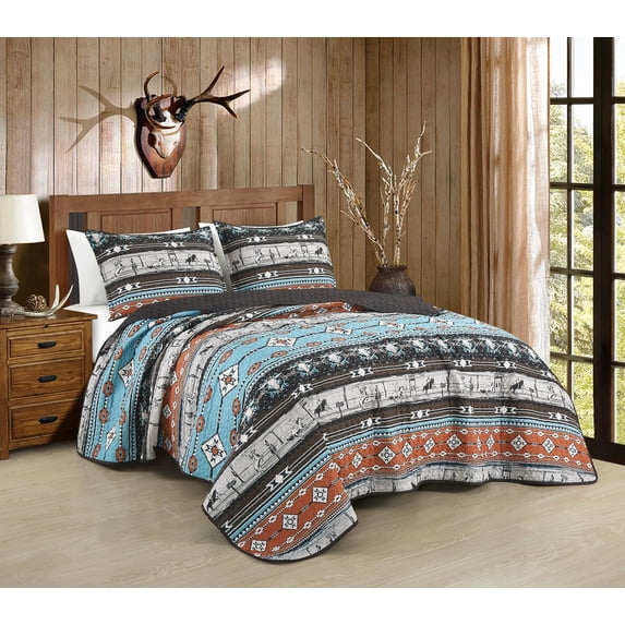 Chezmoi Collection Boone 3-Piece Southwestern Cowboys Rodeo Quilt Set Full, Multicolor Blue Brown Beige Clay Printed Microfiber Lightweight Bedspread Set for All season