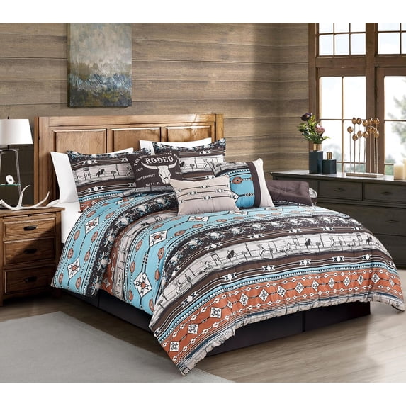 Chezmoi Collection Boone 7-Piece Southwestern Cowboys Rodeo Comforter Set, Multicolor Blue Brown Beige Clay Printed Washed Microfiber Bedding, Full