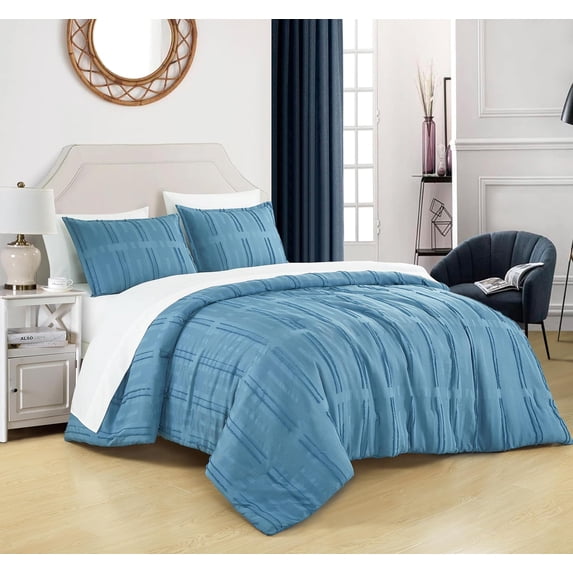 Chezmoi Collection Brady Blue Clip Jacquard Geometric 7-Piece Bed in a Bag Comforter Set, Full, Striped Pattern Waffle Textured Bedding with Sheets Set