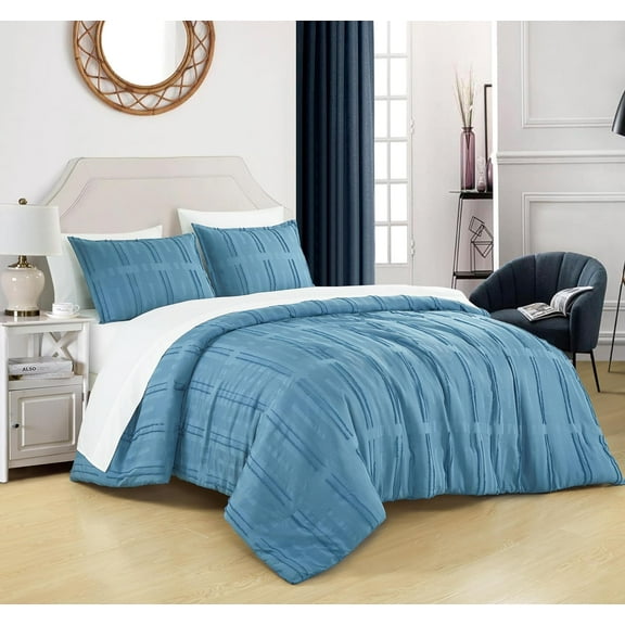 Chezmoi Collection Brady Blue Clip Jacquard Geometric 7-Piece Bed in a Bag Comforter Set, Queen, Striped Pattern Waffle Textured Bedding with Sheets Set