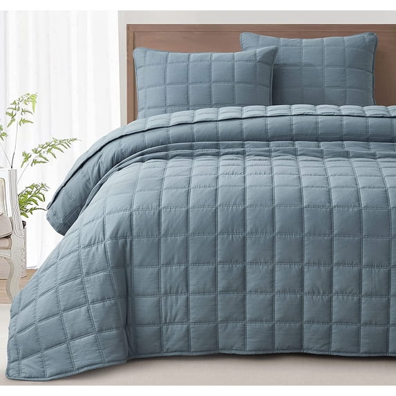 Chezmoi Collection Branson 3-Piece Dusty Blue Queen Size Quilt Set - Stone-Washed Detailed Square Stitch Soft Microfiber Lightweight Quilted Bedspread Coverlet Set for All Seasons