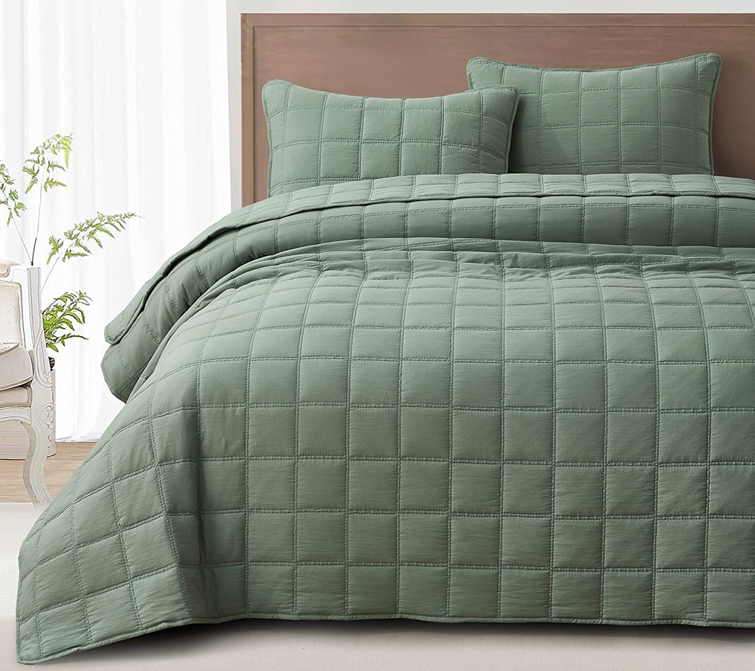 Chezmoi Collection Branson 3-Piece Sage Queen Size Quilt Set - Stone-Washed Detailed Square Stitch Soft Microfiber Lightweight Quilted Bedspread Coverlet Set for All Seasons