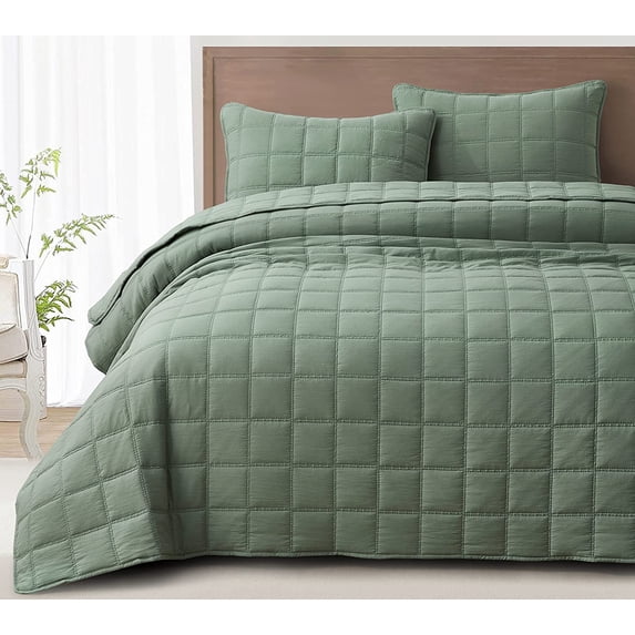 Chezmoi Collection Branson 3-Piece Sage Queen Size Quilt Set - Stone-Washed Detailed Square Stitch Soft Microfiber Lightweight Quilted Bedspread Coverlet Set for All Seasons