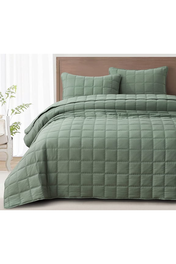Branson 3-Piece Sage Queen Size Quilt Set - Stone-Washed Detailed Square Stitch Soft Microfiber Lightweight Quilted Bedspread Coverlet Set for All Seasons