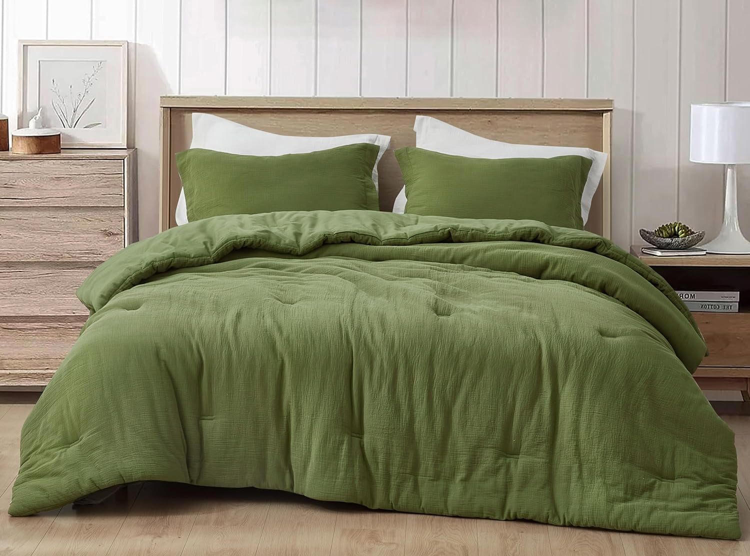 Chezmoi Collection Breeze 3-Piece 100% Cotton Muslin King Comforter Set, Olive Green Soft Washed Cotton Gauze Comforter, Lightweight Breathable Bedding for All Season