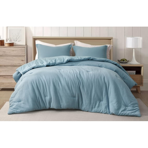 Chezmoi Collection Breeze 3-Piece 100% Cotton Muslin Oversized King Comforter Set, Lake Blue Soft Washed Cotton Gauze Comforter, Lightweight Breathable Bedding for All Season