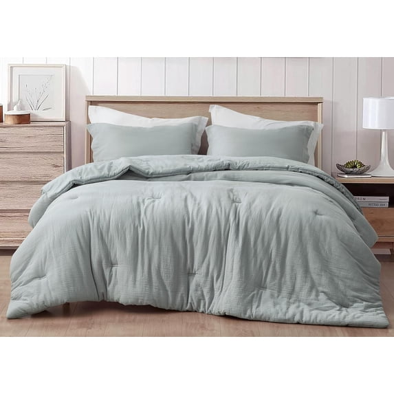 Chezmoi Collection Breeze 3-Piece 100% Cotton Muslin Queen Comforter Set, Light Blue-Gray Soft Washed Cotton Gauze Comforter, Lightweight Breathable Bedding for All Season