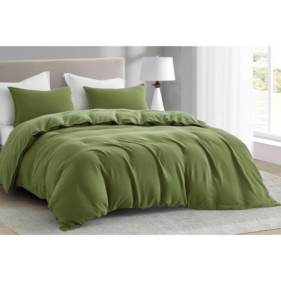 Chezmoi Collection Breeze 3-Piece Cotton Gauze King Duvet Cover Set, Olive Green Soft Washed Cotton Linen Like Textured Breathable Comforter Cover with Button Closure