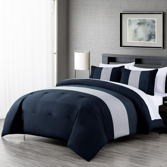 Chezmoi Collection Briar 7-Piece California King Bed in a Bag Comforter Set with Sheets - Lightweight Comforter Navy Blue Gray Luxury Pleated Stripe Bedding Set for All Season