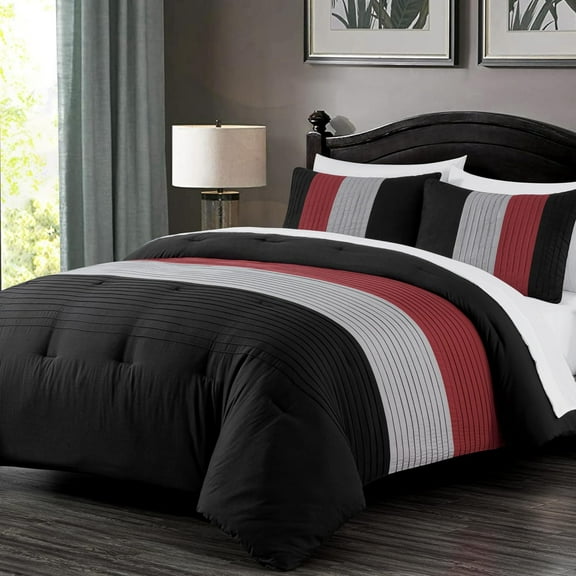 Chezmoi Collection Briar 7-Piece California King Bed in a Bag Comforter Set with Sheets - Lightweight Comforter Red Black Gray Luxury Pleated Stripe Bedding Set for All Season