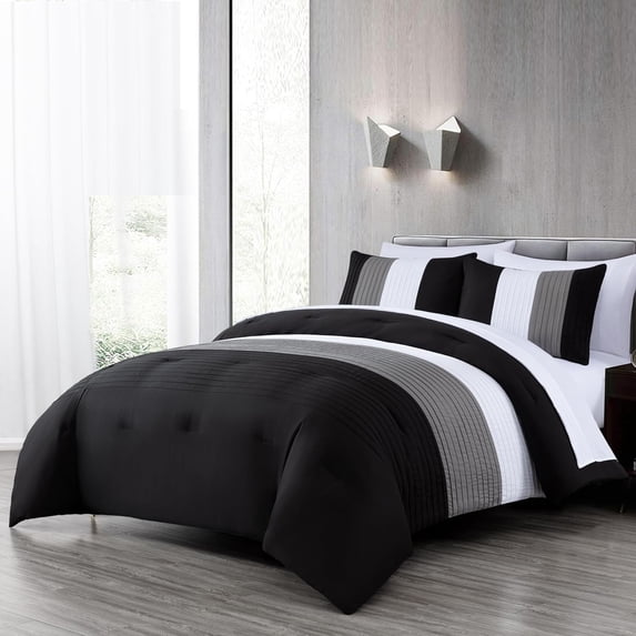 Chezmoi Collection Briar 7-Piece Full Bed in a Bag Comforter Set with Sheets - Lightweight Comforter Black Gray White Luxury Pleated Stripe Bedding Set for All Season