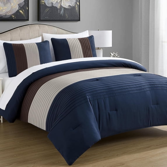 Chezmoi Collection Briar 7-Piece Full Bed in a Bag Comforter Set with Sheets - Lightweight Comforter Midnight Blue Brown Coffee Luxury Pleated Stripe Bedding Set for All Season